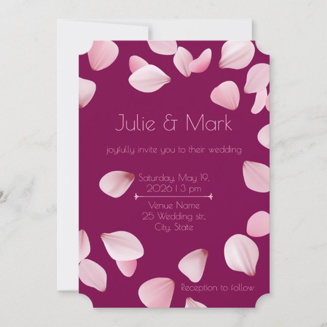 Invitación a la boda romántica de Petales rosados  (Anverso)
