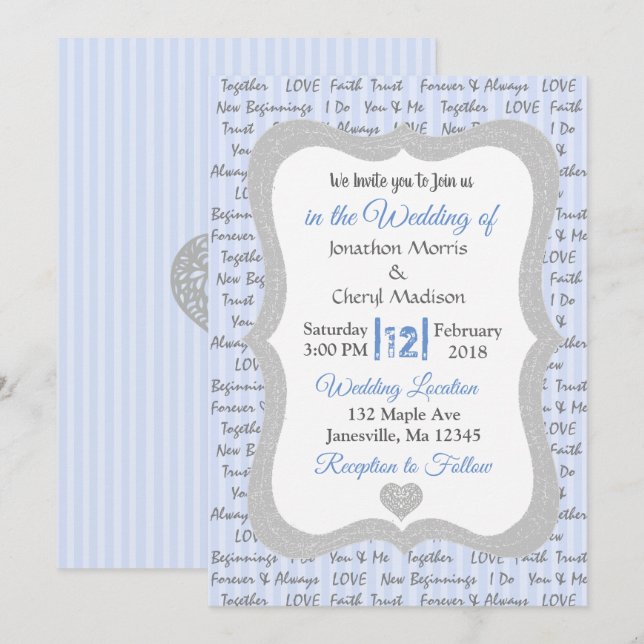Invitación a la boda romántica de texto azul y gri (Anverso / Reverso)