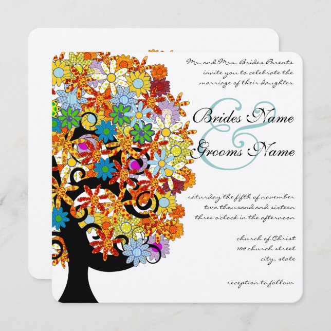 Invitación a la boda romántica en árbol de amor (Anverso / Reverso)