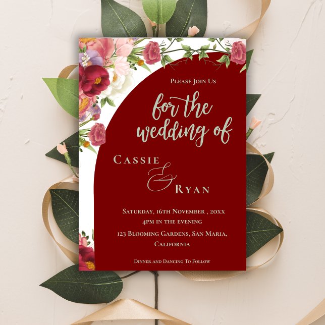 Invitación a la boda romántica en arco floral de c (Romantic Red Peach Floral Arch Wedding Invitation)