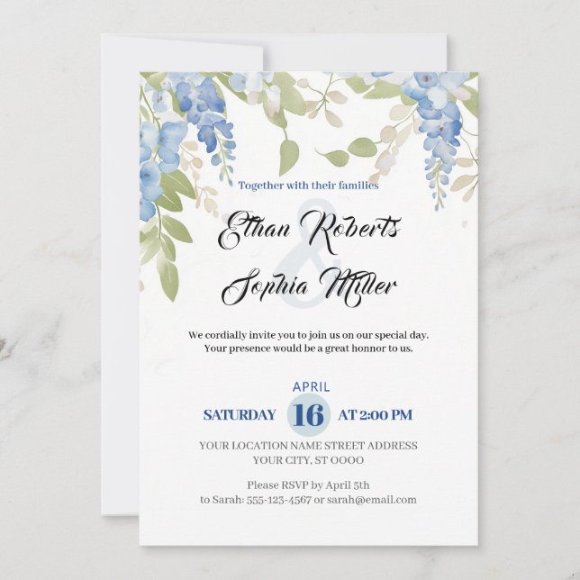 Invitación a la boda romántica floral azul (Anverso)