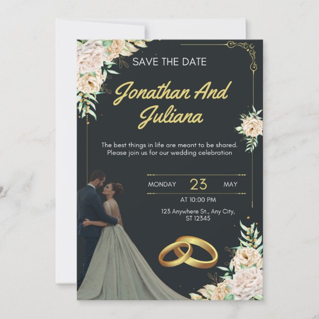 Invitación a la boda romántica floral con pareja d (Anverso)