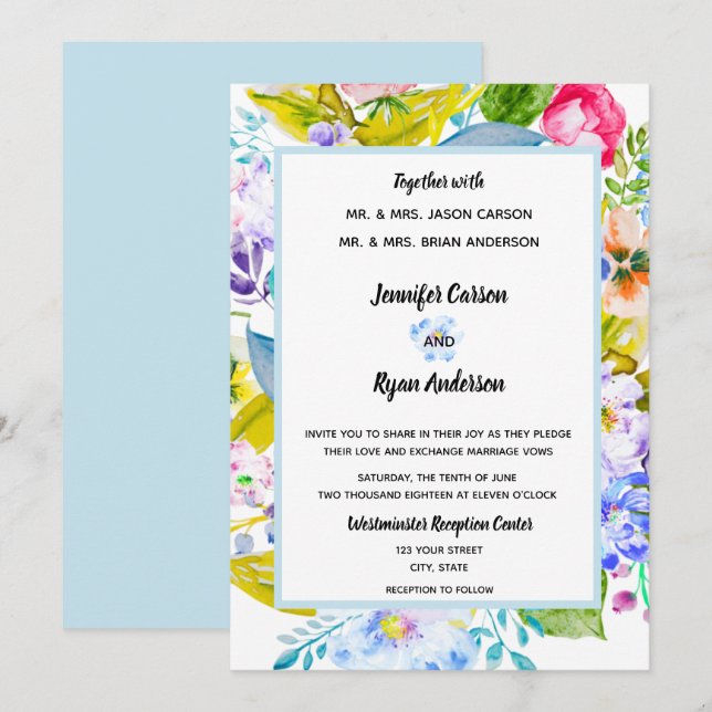 Invitación a la boda romántica floral suave azul (Anverso / Reverso)