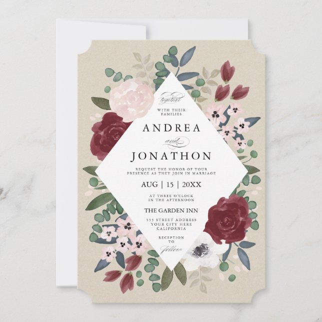 Invitación a la boda romántica florística (Anverso)