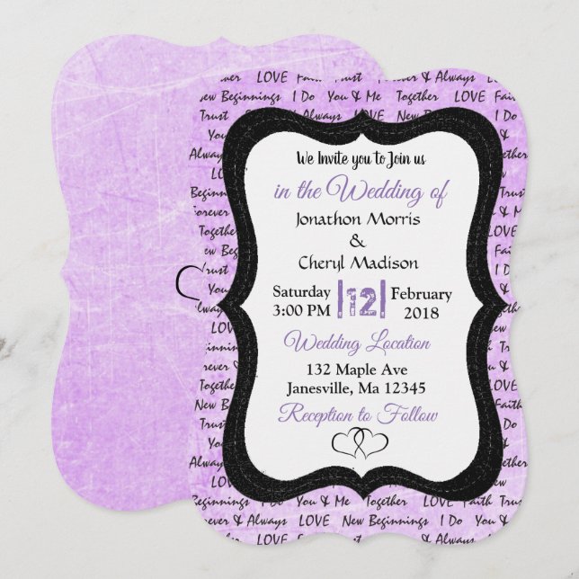 Invitación a la boda romántica negra y púrpura (Anverso / Reverso)