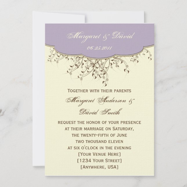 Invitación a la boda romántica púrpura y marfil (Anverso)