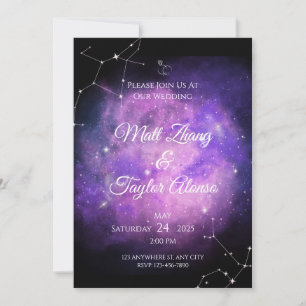 Invitación a la boda romántica púrpura y nebulosa