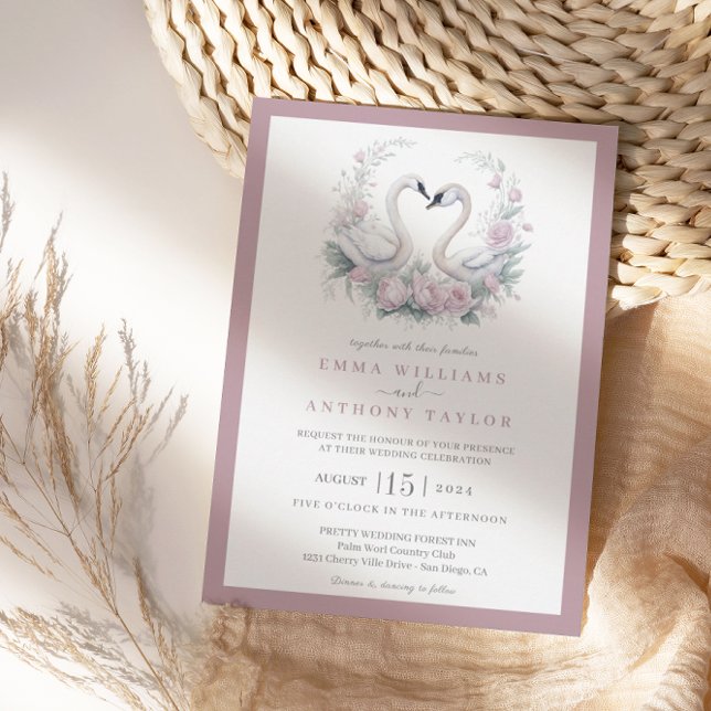 Invitación a la boda romántica Rosa con cisne (Subido por el creador)