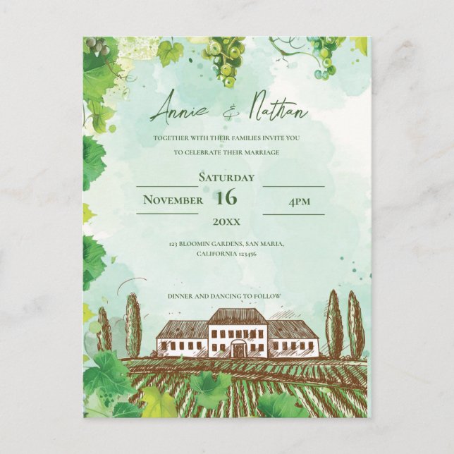 Invitación a la Boda Romántica Vineyard & Grapevin (Anverso)