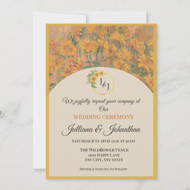 Invitación a la boda romántica y rusa de girasoles (Anverso)