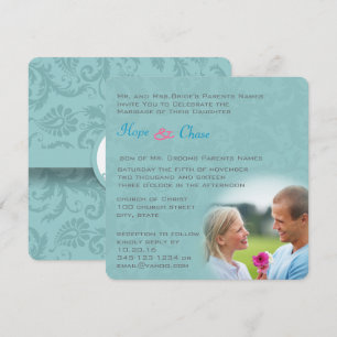 Invitación a la boda rosa azul Funky Damask Aqua