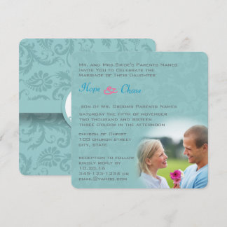 Invitación a la boda rosa azul Funky Damask Aqua