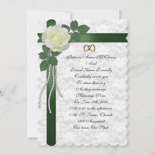 Invitación a la boda rosa blanca, cintas verdes (Anverso)