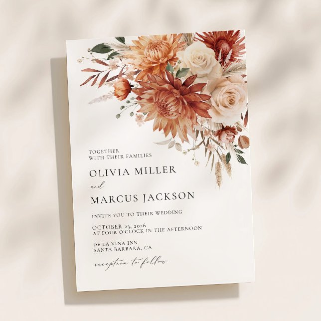 Invitación a la boda Rosa Boho Terracotta Dahlia (Terracotta dahlia floral wedding invitation with elegant typography and warm autumn design)