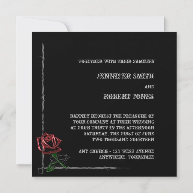 Invitación a la boda Rosa con alambre de púas góti (Anverso)