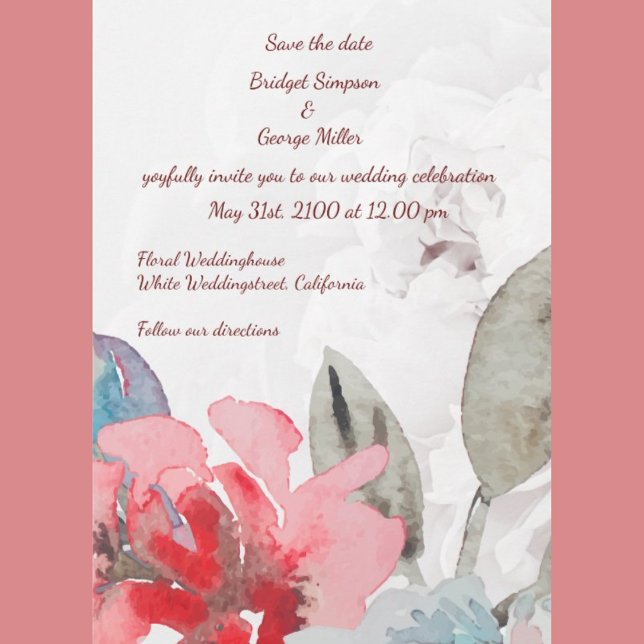 Invitación a la boda rosa de acuarela floral (Floral watercolor wildflower rose wedding invitation with roses and wildflower peony)