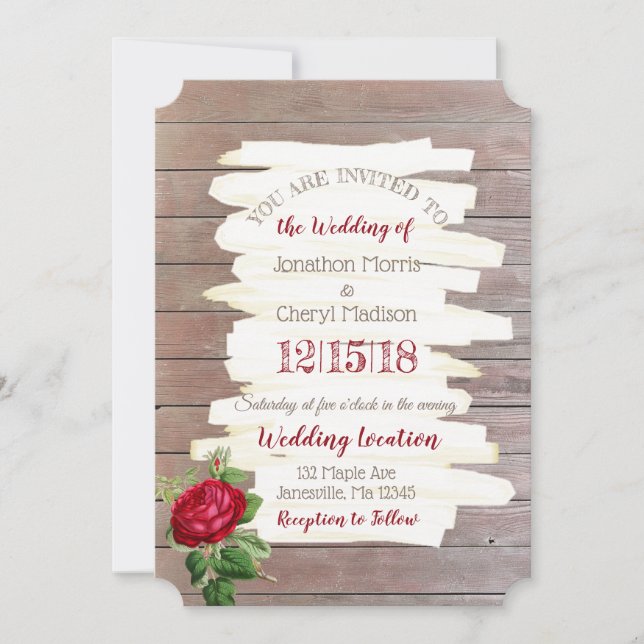 Invitación a la boda Rosa de Borgoña de Madera Wea (Anverso)