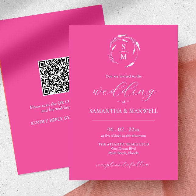 Invitación a la boda rosa de Fuchsia con código QR (sustainable wedding invitation fuchsia pink line art by Victoria Grigaliunas of Do Tell A Belle)