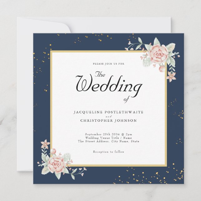 Invitación a la boda rosa de la Marina Blue Rubor (Anverso)