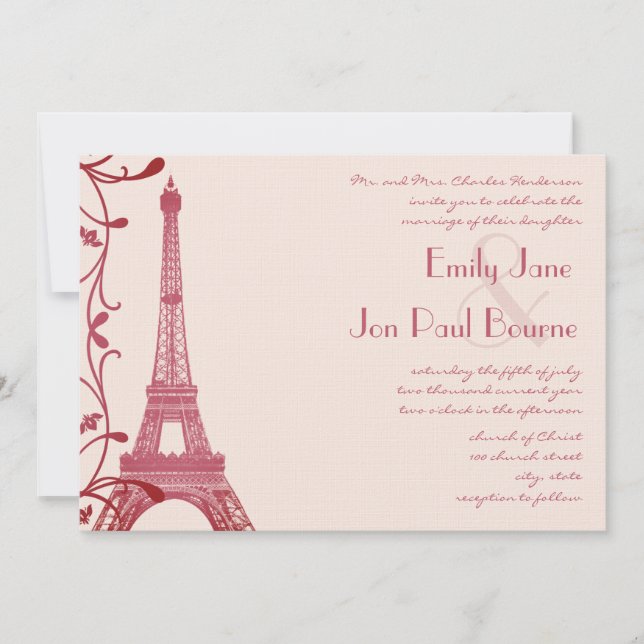Invitación a la boda rosa de la Torre Eiffel de fr (Anverso)