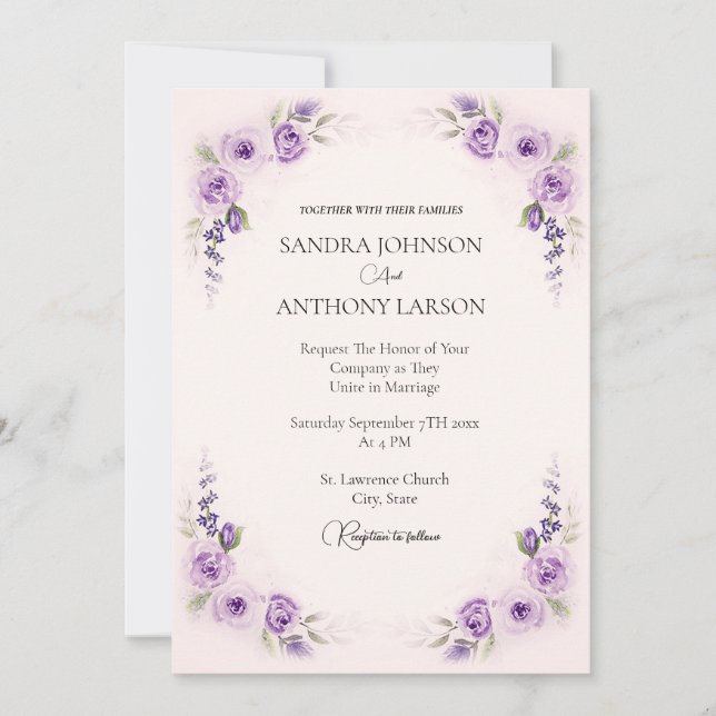 Invitación a la boda Rosa de Lavanda y Rubor (Anverso)