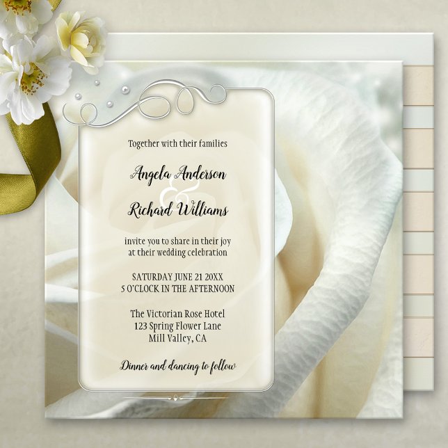 Invitación a la boda Rosa de marfil de plata (A modern artistic wedding invitation with silver floral swirls on an ivory rose painted background)