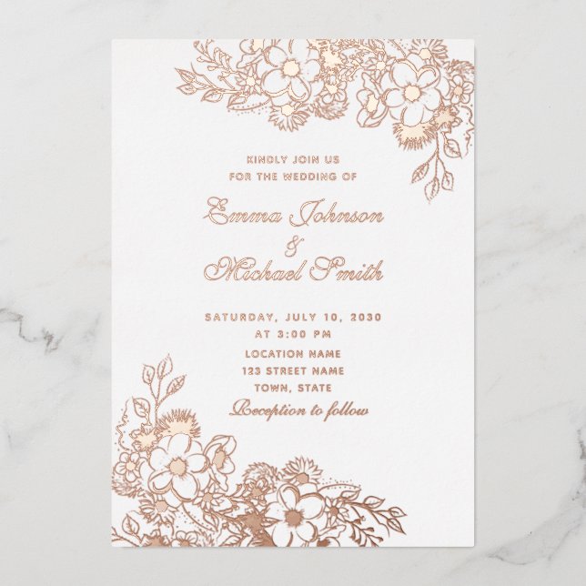 Invitación a la boda Rosa de Relieve metalizado fl (Anverso)