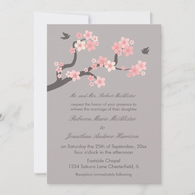 Invitación a la boda rosa/gris con flores de cerez (Anverso)
