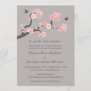 Invitación a la boda rosa/gris con flores de cerez