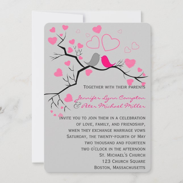 Invitación a la boda rosa, gris y de corazón (Anverso)