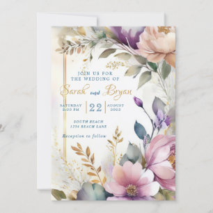 Invitación a la boda rosa morada con acuarela flor