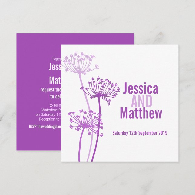 Invitación a la boda rosa púrpura de la flor moder (Anverso / Reverso)