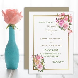 Invitación a la boda rosa rosa con marco dorado