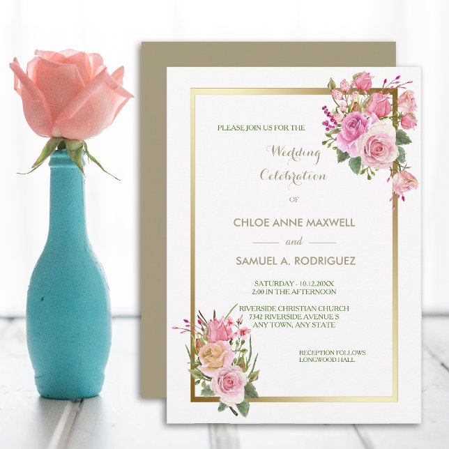 Invitación a la boda rosa rosa con marco dorado (Subido por el creador)