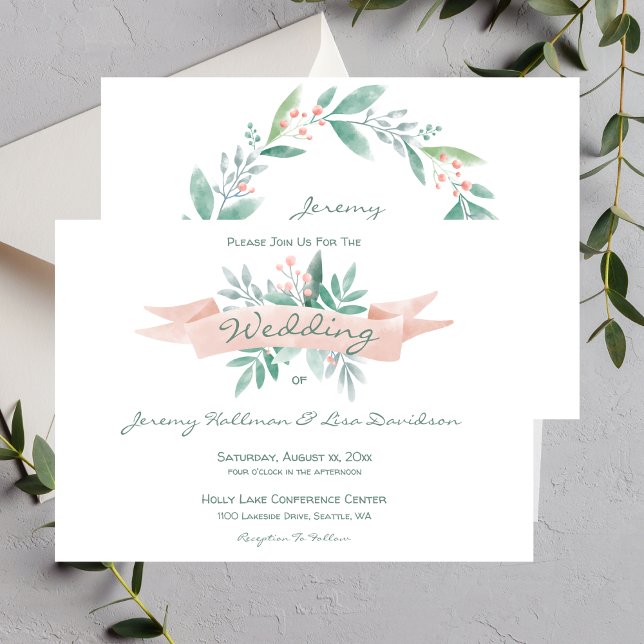 Invitación a la boda rosa suave de verano (Summer Soft Pink, Green Wedding Invitation)
