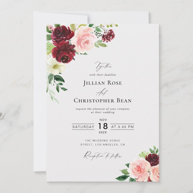 Invitación a la boda rosa y borgoñona de Rubor (Anverso)