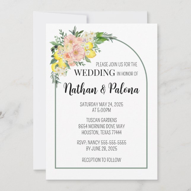 Invitación a la boda rosa y limón amarillo amarill (Anverso)