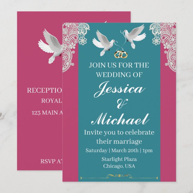 Invitación a la boda rosa y Verde azulada (Anverso / Reverso)