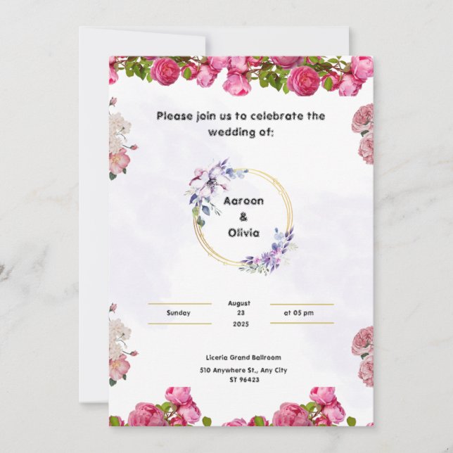 Invitación a la boda rosada con acuarela estética (Anverso)