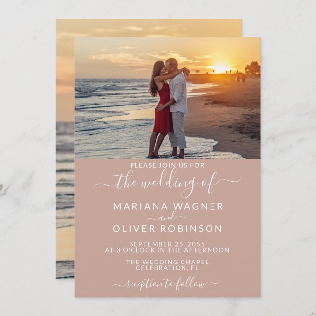 Invitación a la boda rosada con foto (Anverso / Reverso)