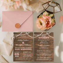 Invitación a la boda rosada con luces de madera de
