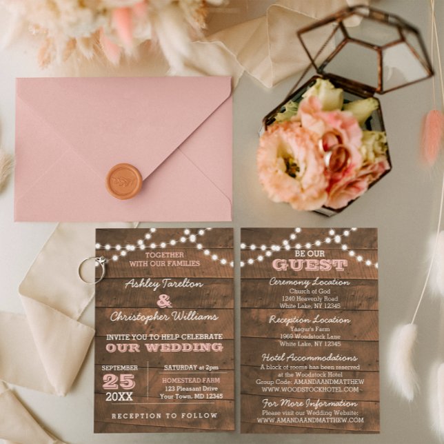 Invitación a la boda rosada con luces de madera de (Subido por el creador)