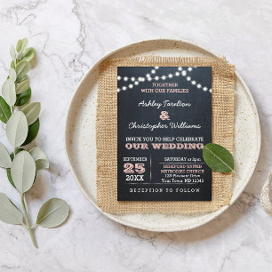 Invitación a la boda rosada con luces de tablero