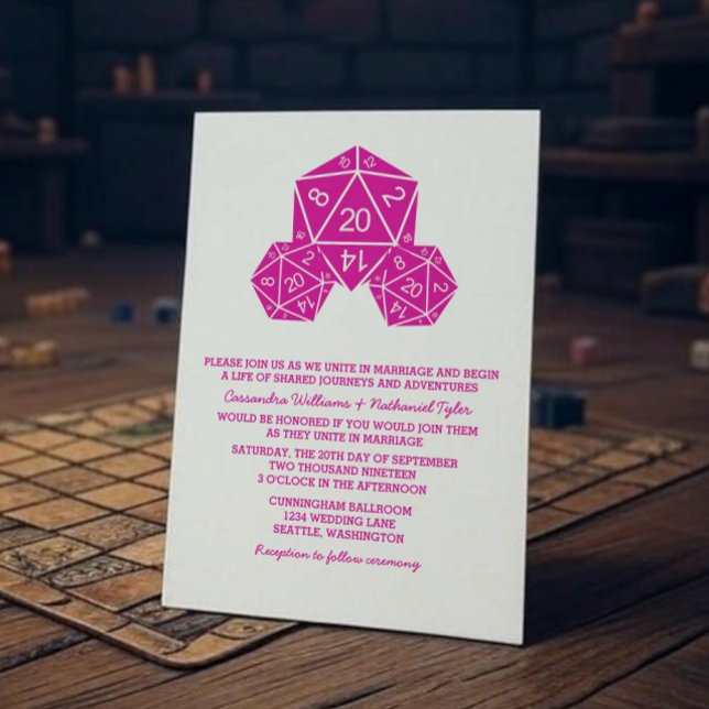 Invitación a la boda rosada D20 dados (Pink D20 Dice Wedding Invite)