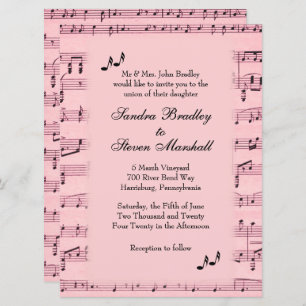 Invitación a la boda rosada de la música de la hoj