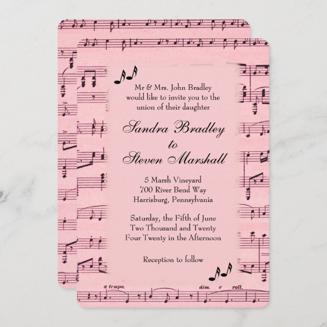 Invitación a la boda rosada de la música de la hoj (Anverso / Reverso)
