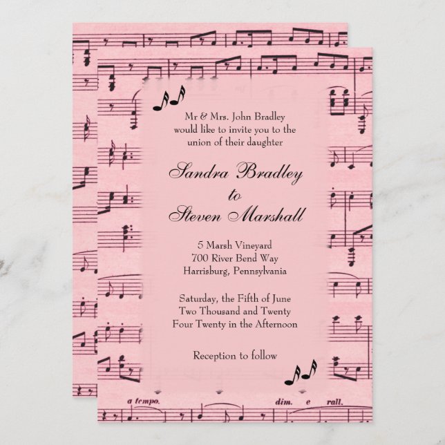 Invitación a la boda rosada de la música de la hoj (Anverso / Reverso)