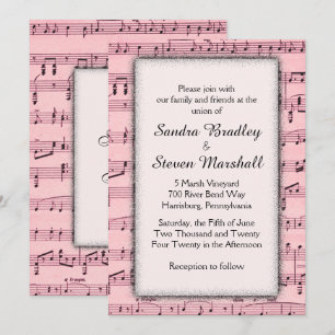 Invitación a la boda rosada de la música de la hoj