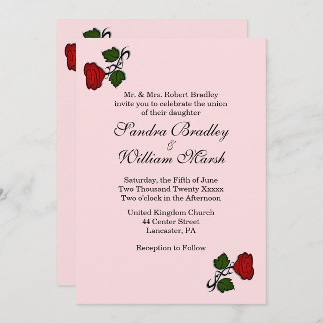 Invitación a la boda rosada de rosa rosa rojo (Anverso / Reverso)