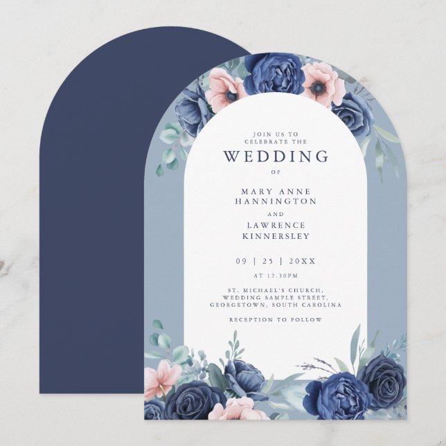 Invitación a la boda rosada de Rubor con flores az (Anverso / Reverso)